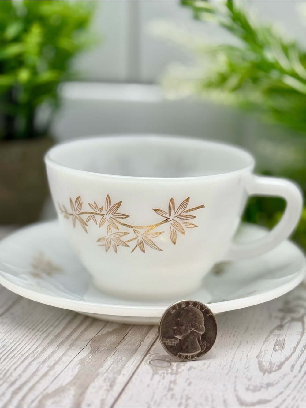 Vintage Federal Glass Golden Glory Milk Glass Cup Saucer Gold Leaf Heat Proof